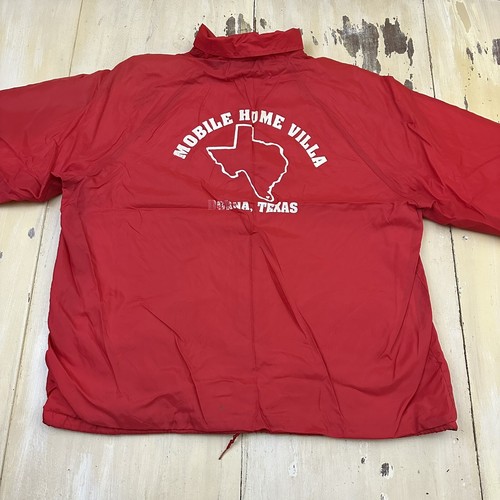 MOBILE HOME VILLA - Vtg 80s-90s Donna TX Red Nylon Snap Coach Jacket, Mens LARGE - Picture 11 of 18