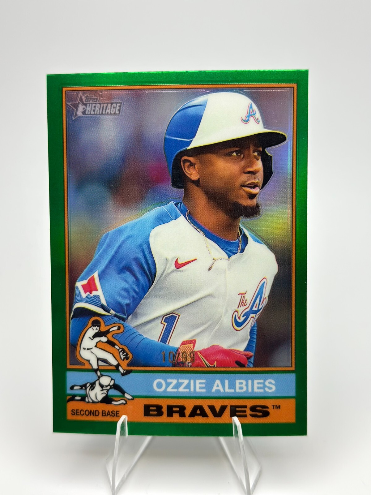 Ozzie Albies 2025 Topps Heritage Chrome Green Refractor /99 #365 Braves