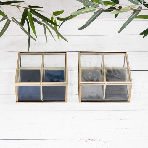 Gold Glass Square Jewellery Navy Blue or Grey Velvet Vintage Trinket Display Box - Picture 1 of 14
