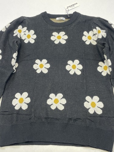 Pullover Blumen Gänseblümchen All Over Print schwarz Ballonärmel Gr. M Boho Hippie Y2K - Bild 2 von 13