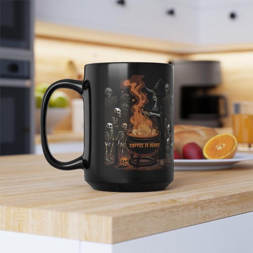 Halloween Mug, Black Coffee Cup, Spooky Ceramic Drinkware, 11oz, 15oz, Witch - Picture 8 of 9