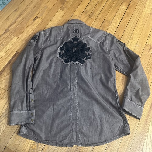 Roar Buckle Embroidered Cross Gray Black Long-Sleeve Button-Up Shirt Men Medium - Picture 14 of 18