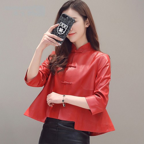 Abrigo corto para mujer con cuello alto de cuero real manga 3/4 estilo chino ropa exterior talla - Imagen 1 de 22