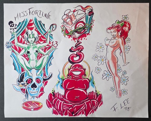 Vintage 1998 Frank Lee traditioneller Stil Tattoo Flash 5 Blatt Set Shop gebraucht Mädchen - Bild 6 von 15
