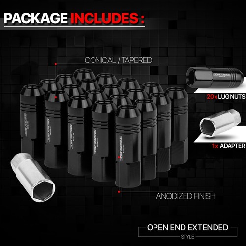 (20) Black M12x1.25 60mm Aluminum Open End Extended Tuner Wheel Lug Nut+Adapter - Picture 2 of 8