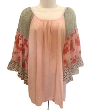 GigiO Pink/Peach Bodice Bell-style W/ Floral & Animal Print Sleeves Blouse