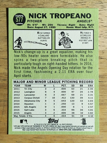 2016 Topps Heritage #577 Nick Tropeano - Picture 2 of 2
