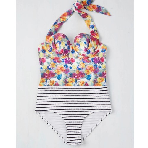 NWT ModCloth Grotto Glam One-Piece Mixed Print Floral Striped Swimsuit Medium - Picture 4 of 8