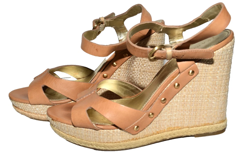 Sandalias Ivanka Trump Horatia Cuero Marrón Tachonado Paja Tacón Cuña Talla 7.5M Foto 2 de 4