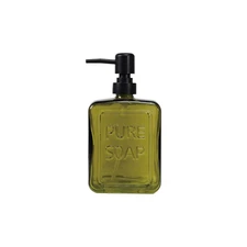 Olive Green Pressed Glass Pump Soap Dispenser | PURE SOAP Embossed Lettering