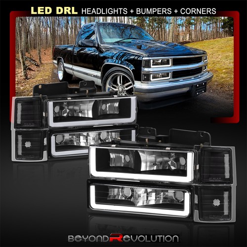 For 1994-1998 C/K C1500 C2500 C3500 LED Tube Black Headlights +Signal Bumper Set - Picture 2 of 10