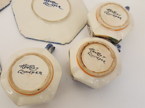 Antico Quimper set di 3 grandi tazze da tè e piattini zuppa ceramica faence francese - Foto 19 di 22