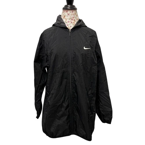 🖤 Nike Windbreaker L Black Hooded Jacket Y2K Sporty Streetwear Zip Coat - product listing photo