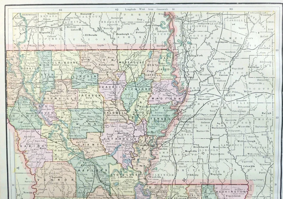 Mapa LOUISIANA 1891 14"x10" Antiguo Antiguo Original NUEVA ORLEANS BATON ROUGE Foto 3 de 4