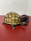 Vintage Tiffany Style  Turtle Lamp Amber Glass Brass Base Tortoise Night Light