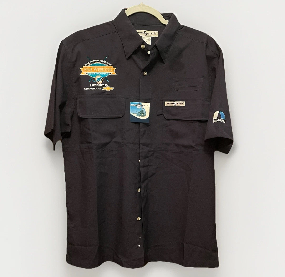 NWT Hook & Tackle Miami Dolphins Fins Weekend Fishing Shirt Mens M Navy Chevy