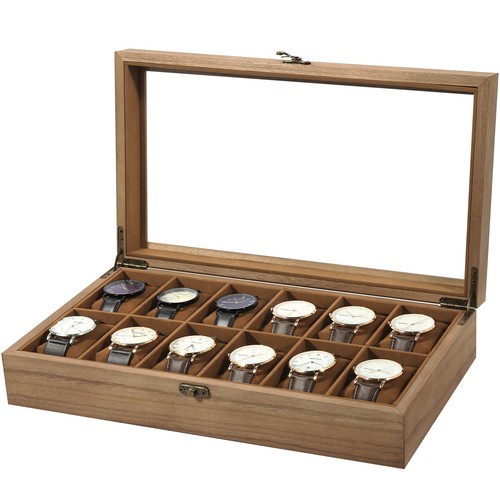 Natural Wood Watch Box 6 8 10 12 Slot Glass Lid silk cotton pillow Jewelry Case - Picture 20 of 47