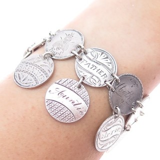 900 Silver Antique 1875 1891 Seated Liberty 1 Dime Love Token Bracelet 6.75"