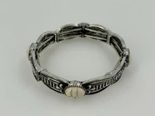 Natural STone Silver Tone Stretch Bangle Bracelet Boho Ethnic Tribal Distressed
