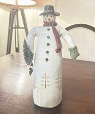 Primative Painted Canvas SNOWMAN w/Clay Head 12"