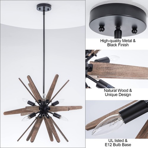 6-Light Sputnik Pendant Light Black, Wood Chandelier for Dining Room Rustic L... - Picture 4 of 5