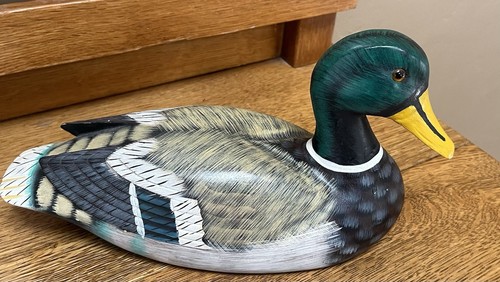 Vintage Carved Painted Wooden 11.5” Mallard Duck Decoy Glass Eyes Unsigned - Picture 5 of 15
