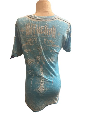 Affliction Cross Glitzer Grafik dünnes T-Shirt türkis und weiß Größe Medium - Bild 2 von 3