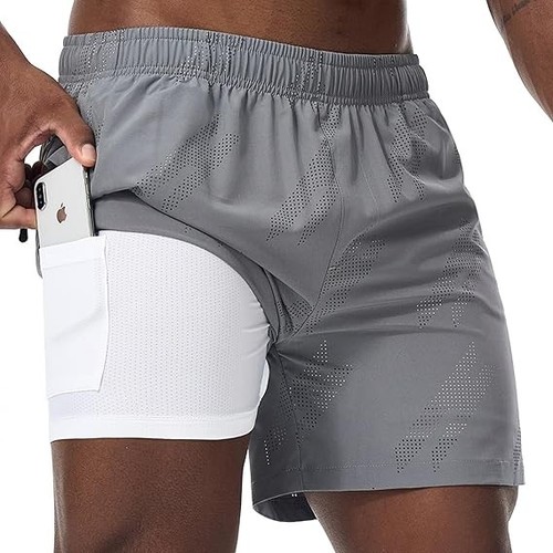 Pantalones Cortos de Correr Surenow Para Hombre 2 en 1 2XL Secado Rápido Gimnasio Entrenamiento Forro Bolsillo Gris - Imagen 3 de 12