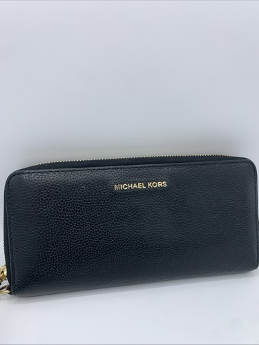 Michael Kors Jet Set Black Pebbled Leather Continental Wristlet Wallet - Picture 2 of 14