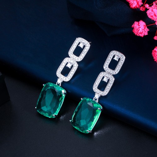 Silver Plated Green Zircon Crystal Drop Long Dangle Earrings Women Party Jewelry - Picture 7 of 18
