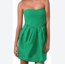 See by Chloe Strapless Kelly Green Emerald Fitted Dress Short Zip Pleated Sz 4