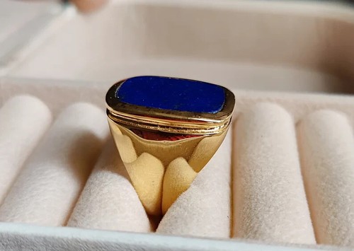 Mens Heavy Ring with Blue Lapis Lazuli Gemstone in 14K Yellow Gold Over Sz 8-17 - Picture 6 of 6