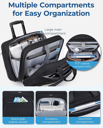 Rolling Laptop Bag, Wheeled Briefcase Fits 17.3 Inch Laptop, Overnight Roller Ca - Picture 2 of 12