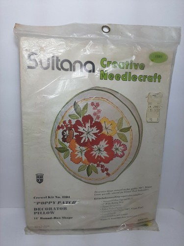 Vintage Blumen 14" Runde Box Kissen Crewel Stickerei Kit "Mohn Patch" Sultana - Bild 1 von 5
