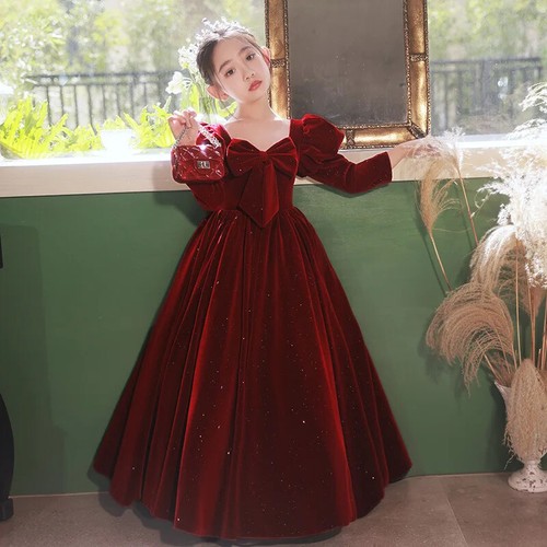 Girls Luxury Evening Long Red Party Dress Prom Clothes Velvet Kid Flower Costume - Picture 4 of 15