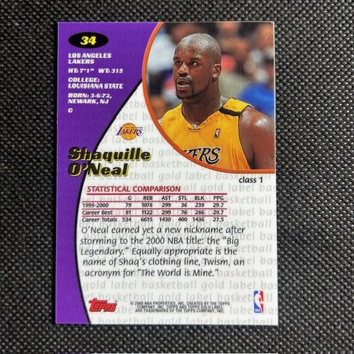 2000 Topps Gold Label Shaquille O'Neal #34 Classe 1 LA Lakers - Foto 2 di 2