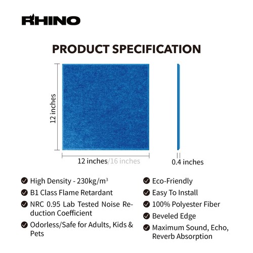 RHINO 12x12 Acoustic Panels 6-Pack – Blue Sound Absorbing Fiber Foam Tiles - Picture 5 of 8