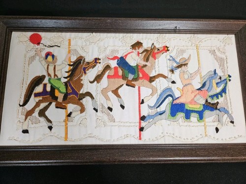 Vintage Merry Go Round Horses Children Crewel Embroidery Picture Framed 21 X 10 - Picture 2 of 4