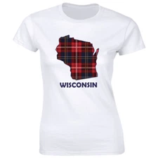 Wisconsin Red Plaid State Map T-Shirt for Women Home Pride Christmas Gift Tee