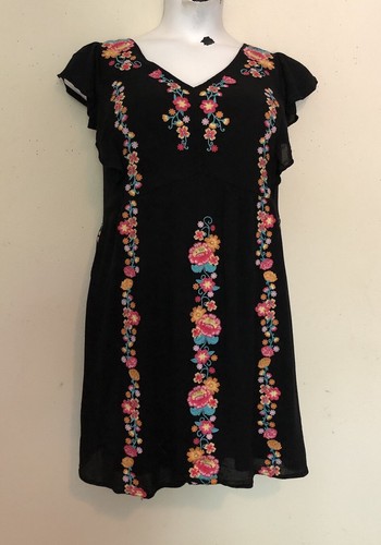 Savanna Jane Mini Dress Size 2X Gauzy Black Embroidered Flowers Ruffled Sleeve - Picture 3 of 14