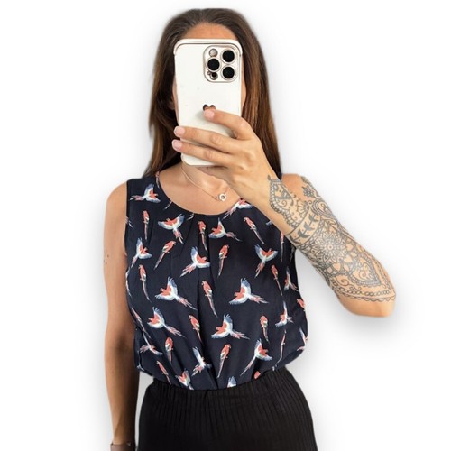 Ladies Navy Blue Parrot Print Sleeveless Summer Vest Tank Top Size 10