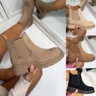New Womens Chelsea Faux Suede Chunky Sole Ankle Boots Shoes Black Only