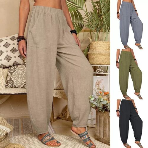 Damenhose elastischer Bund Baumwolle Freizeit Baggy weites Bein Haremshose UK - Bild 5 von 45