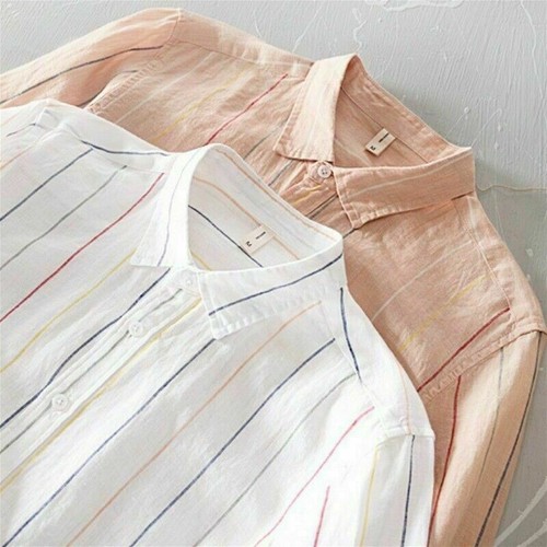 Camisa de hombre a rayas lino manga larga Top transpirable chino/cintura/chaqueta - Imagen 5 de 10