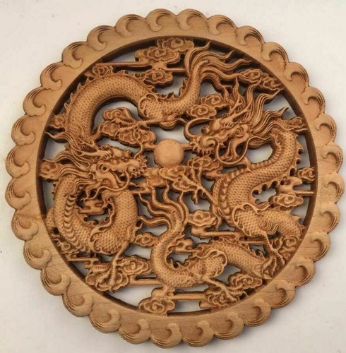 CHINESE HAND CARVED SHUANGLONG STATUE CAMPHOR WOOD ROUND PLATE WALL SCULPTURE - Picture 2 of 3
