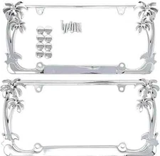 Tropical Palm Tree Chrome Polished License Plate Frame (2 Frames) with Cap