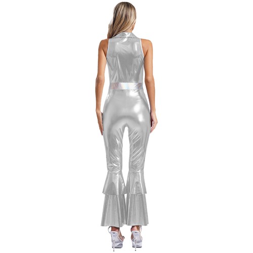 Women 60s70s Disco Hippy Costume Jumpsuit Metallic Flared Bell Bottoms AU - Picture 33 of 59