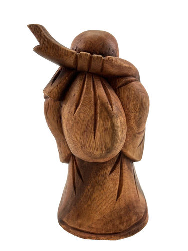 Buddha Hotei Buddha Hotei Buddha portafortuna in legno intagliato a mano vintage 8"H, marcato - Foto 3 di 11