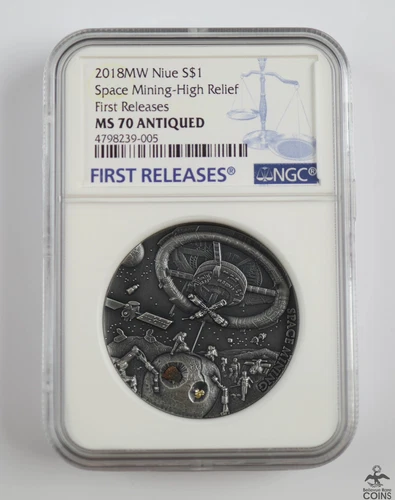 2018 Niue Space Mining .999 Silver 1oz High Relief Coin NGC MS70 Antiqued +OGP