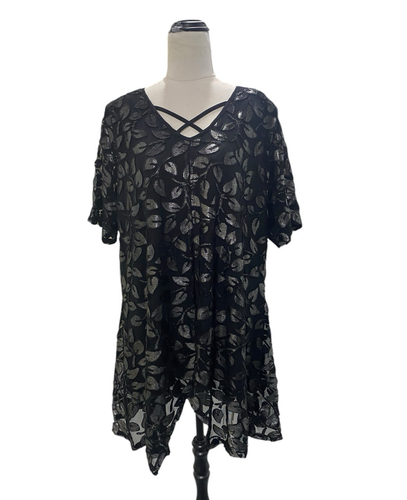 Taking Shape black leaves sheer short sleeve pullover top blouse  size Medium - Bild 1 von 9